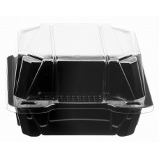 Rectangular container  147*146*84mm hinged lid, black/transparent RPET