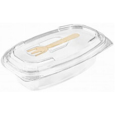 Oval container 350ml 175*115*50mm with wooden fork hinged lid, transparent
